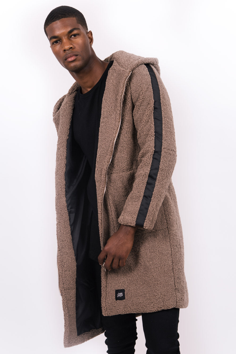 Sixth June - Manteau long bandes sherpa marron noir