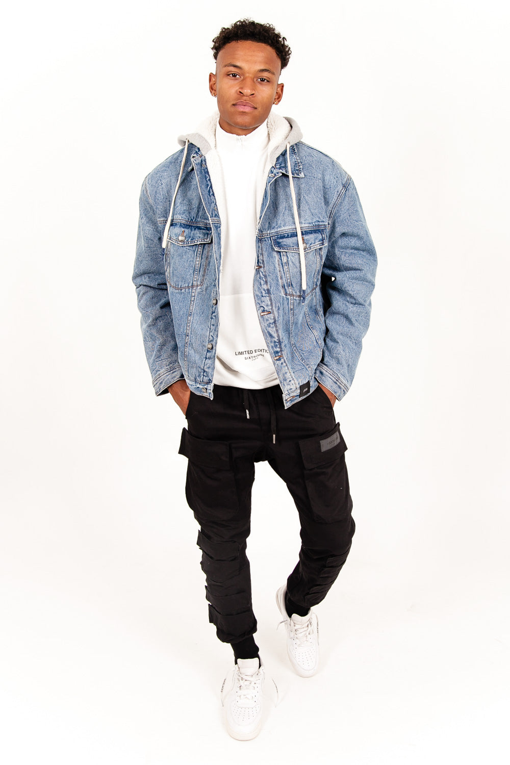 Sixth June - Veste en jean sherpa capuche bleu