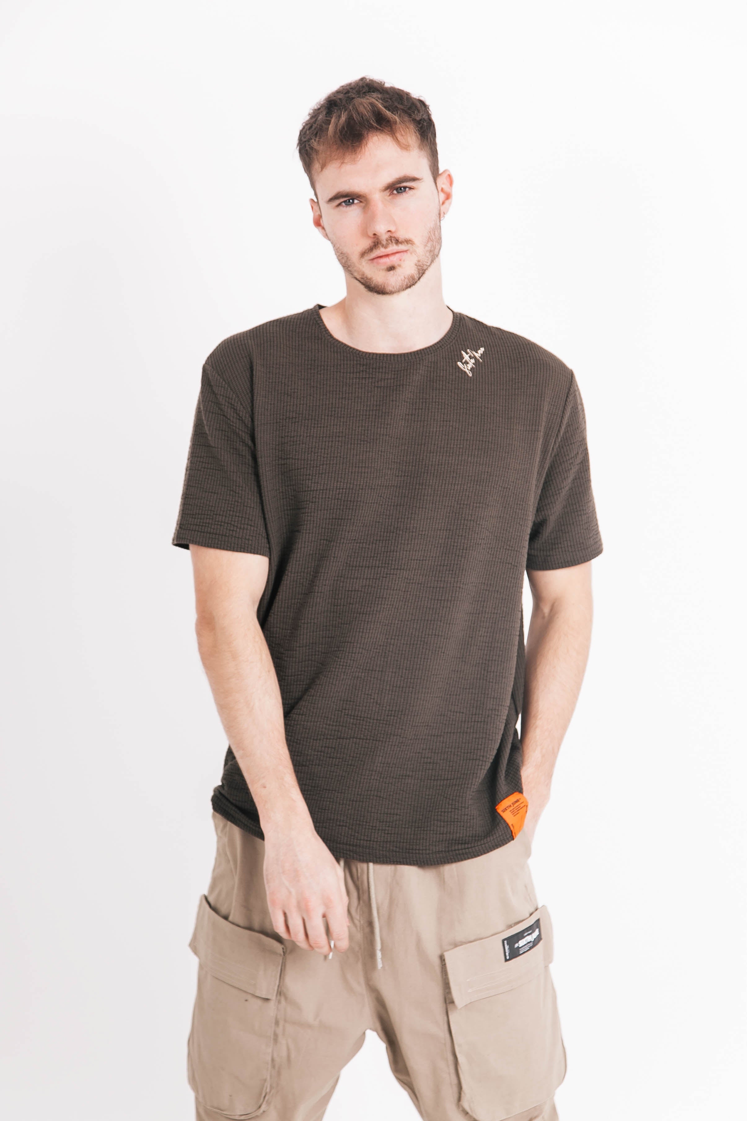 Sixth June - T-shirt gaufré brodé kaki foncé