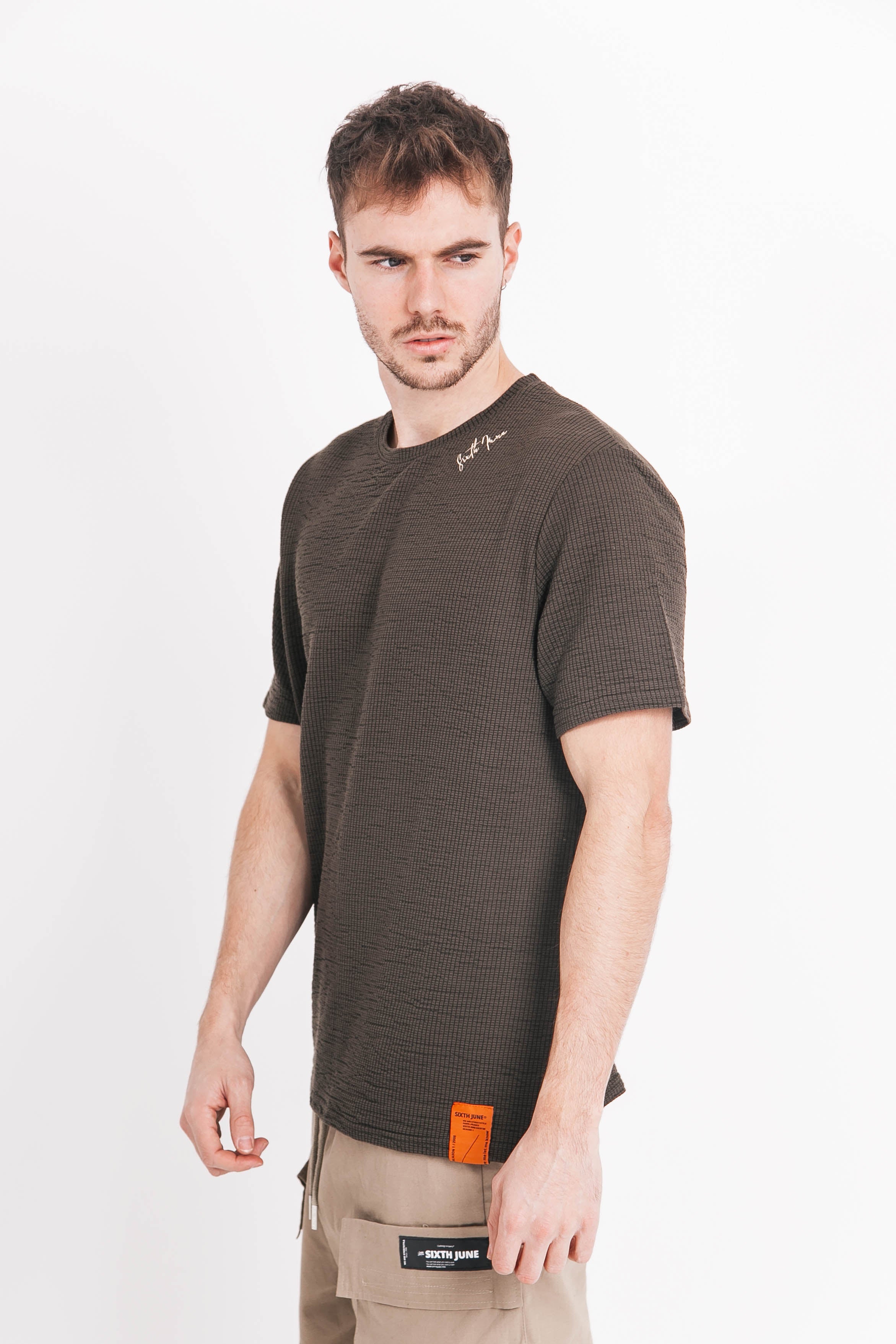 Sixth June - T-shirt gaufré brodé kaki foncé