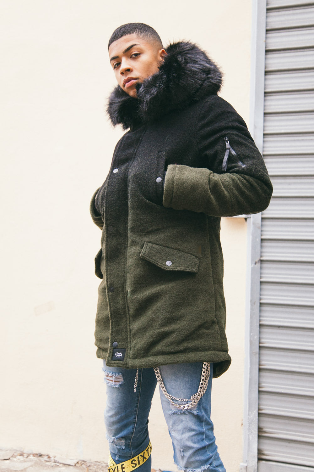 Sixth June - Parka laine tie dye large fourrure kaki noir