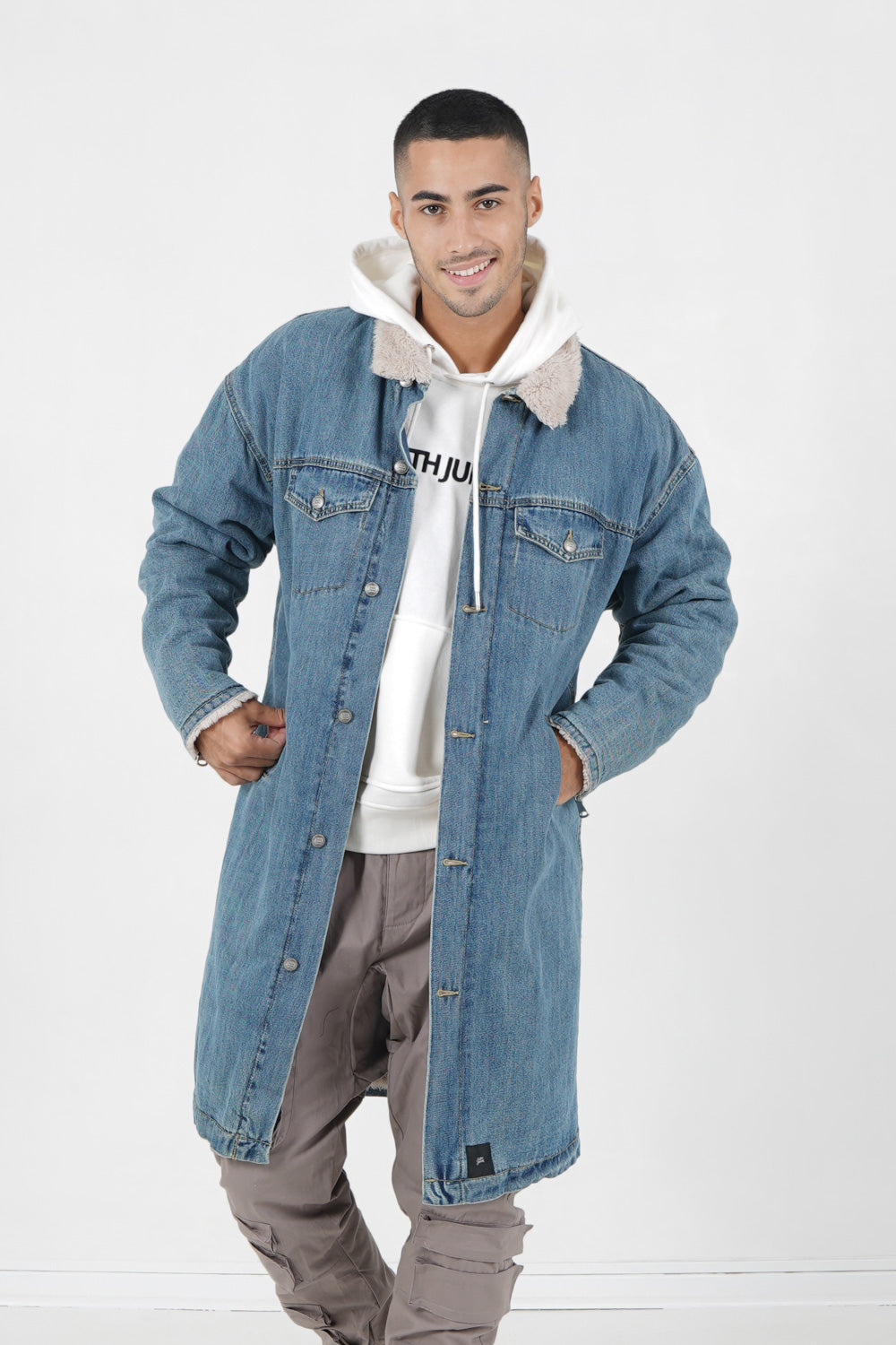 Lined Long Denim Jacket Blue