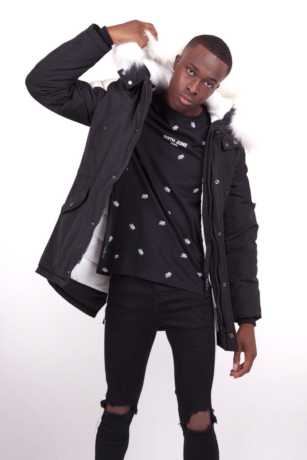 Parka biker fourrure noir blanc