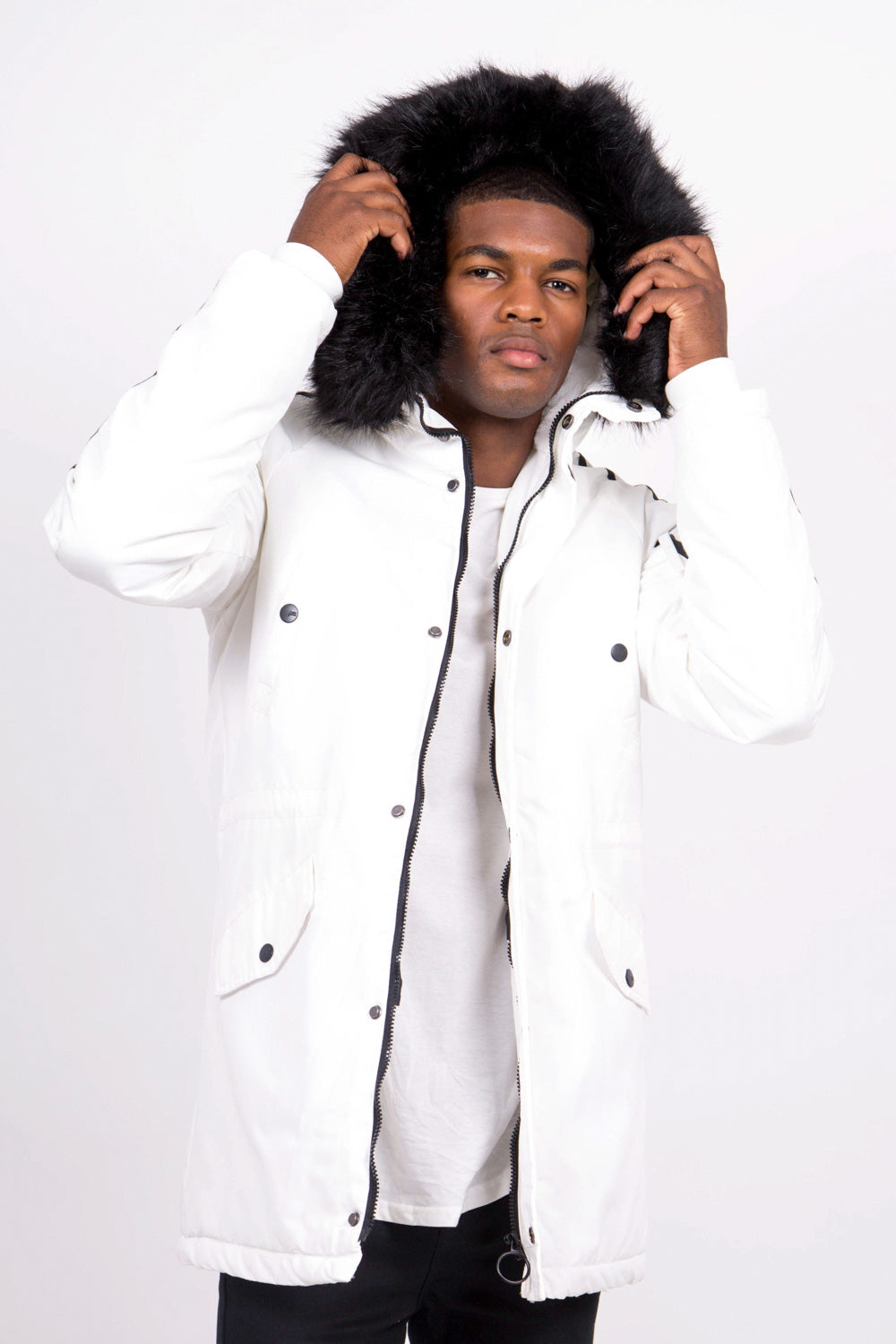 Sixth June - Parka bandes fourrure blanc noir