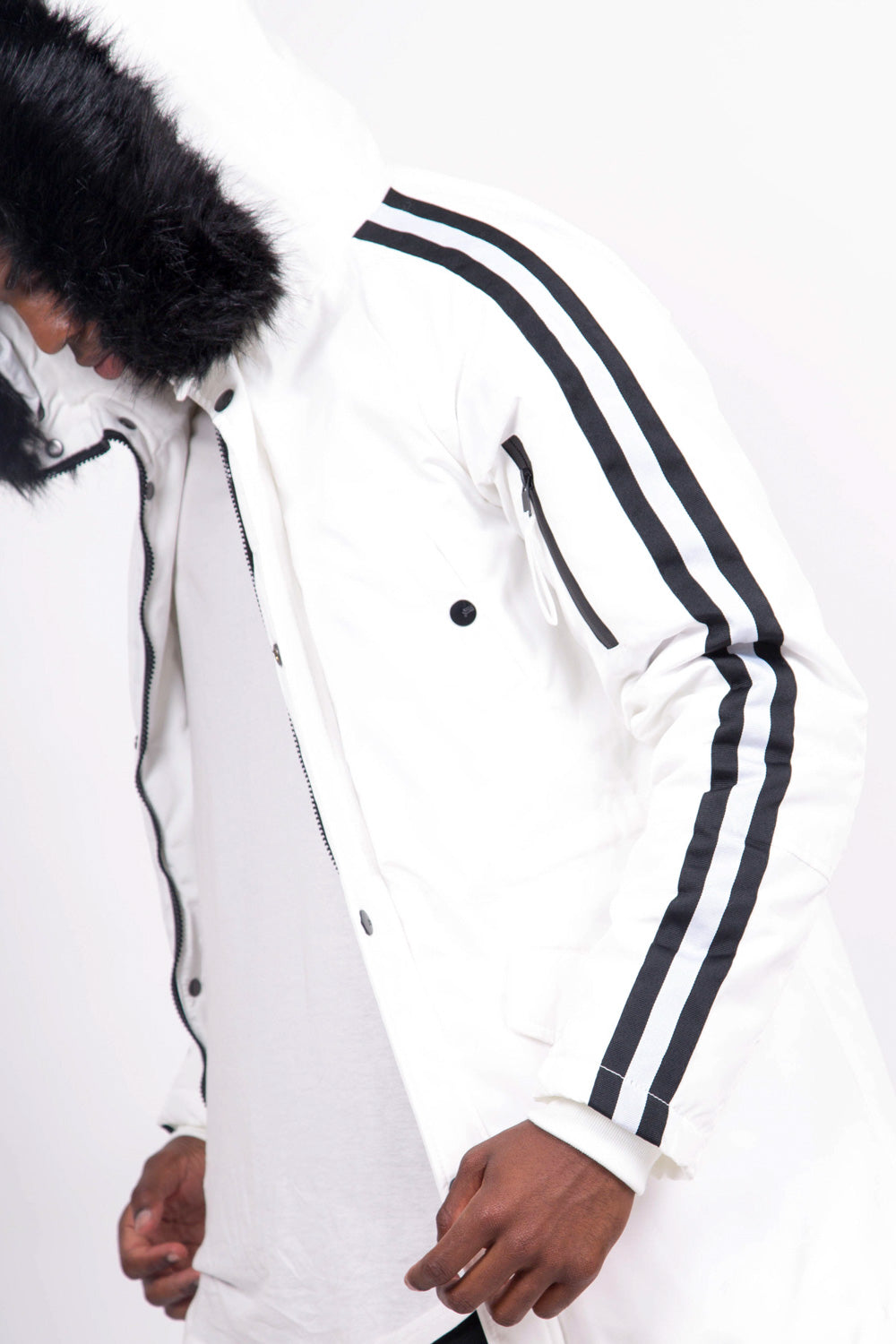 Sixth June - Parka bandes fourrure blanc noir