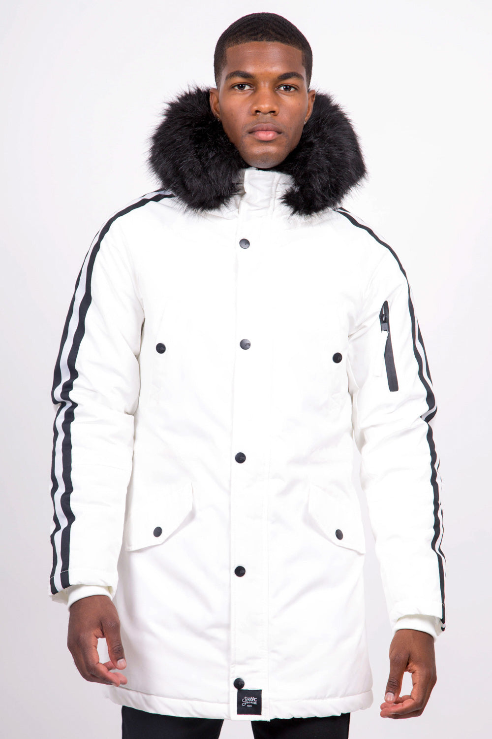 Sixth June - Parka bandes fourrure blanc noir
