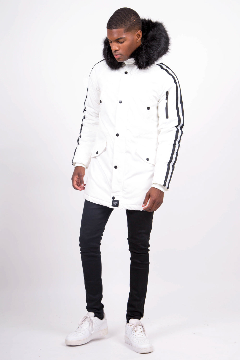Sixth June - Parka bandes fourrure blanc noir