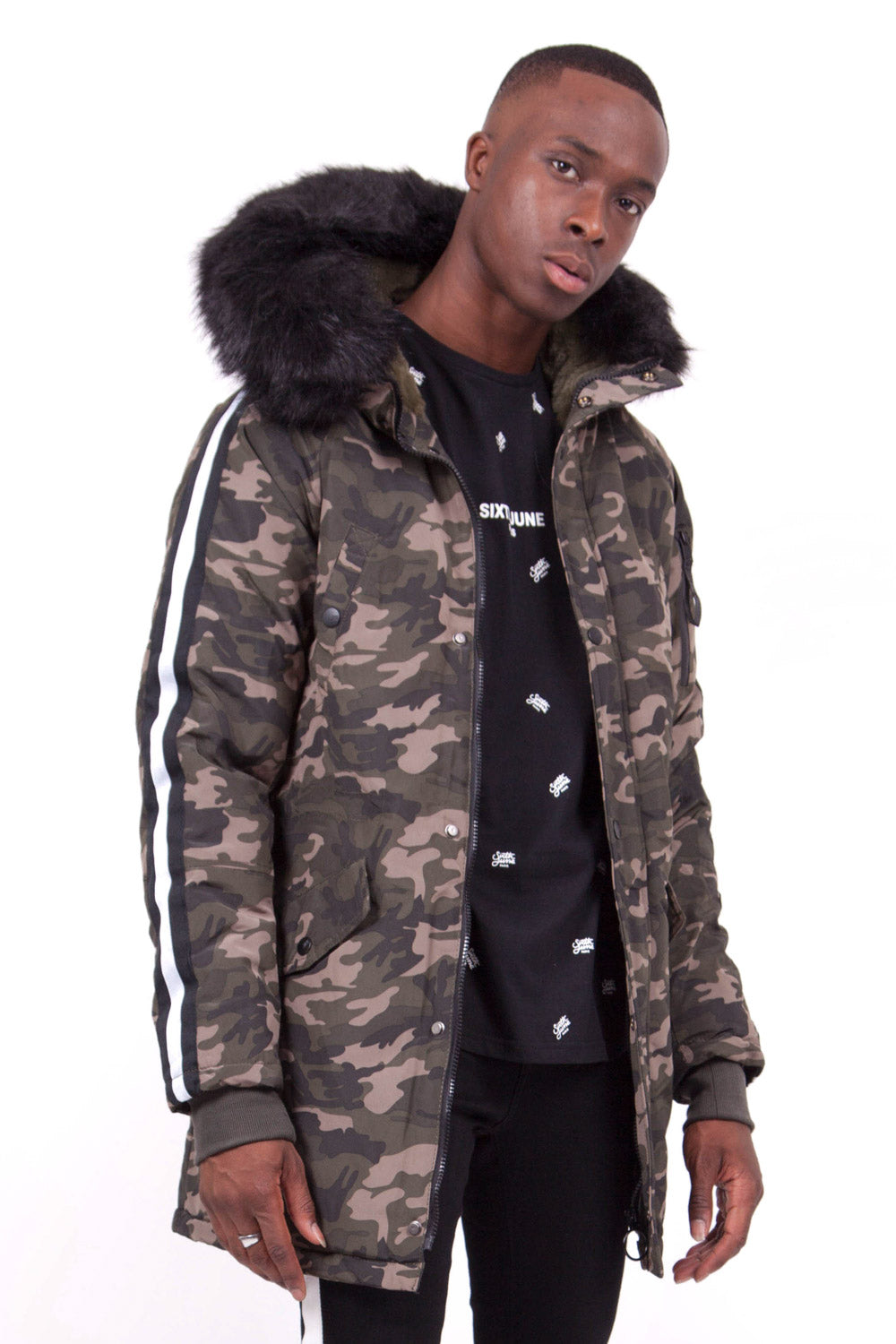 Sixth June - Parka bandes fourrure camouflage noir