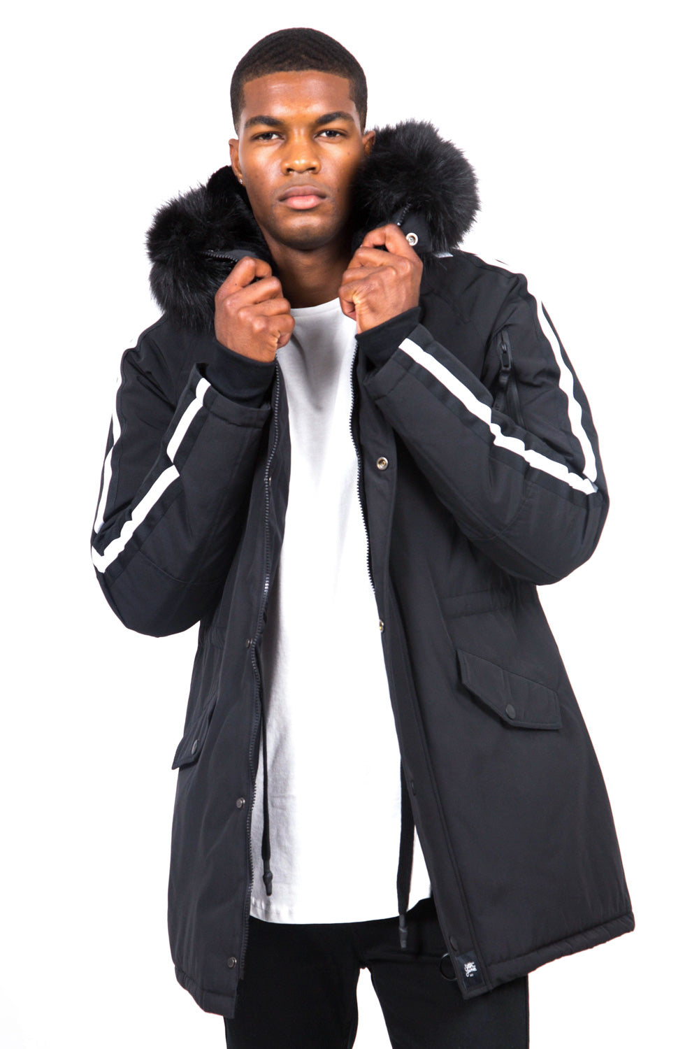 Sixth June - Parka bandes fourrure noir