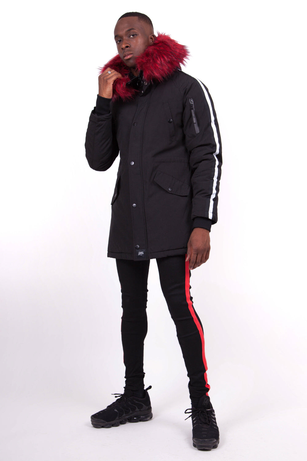 Sixth June - Parka bandes fourrure noir rouge