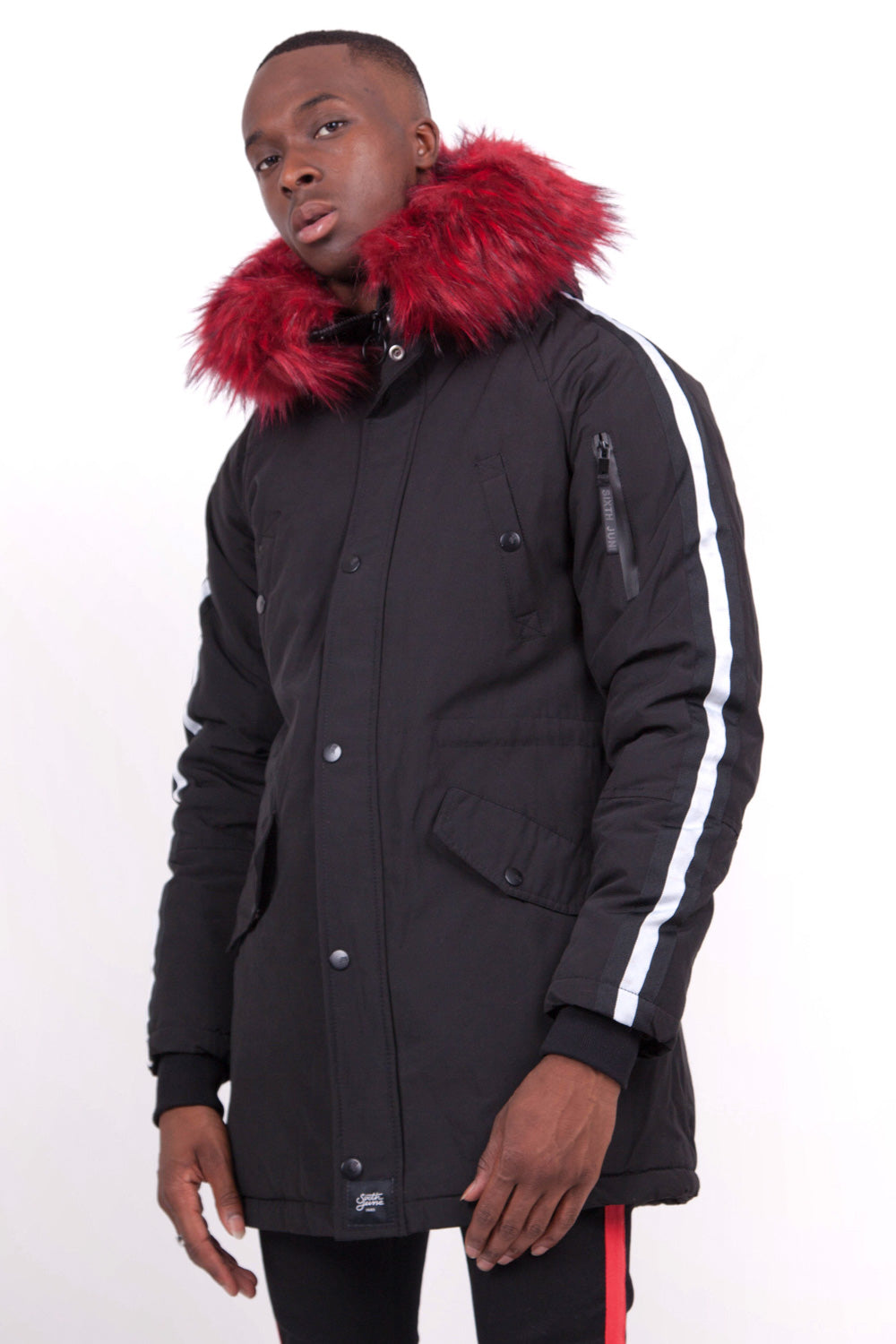 Sixth June - Parka bandes fourrure noir rouge