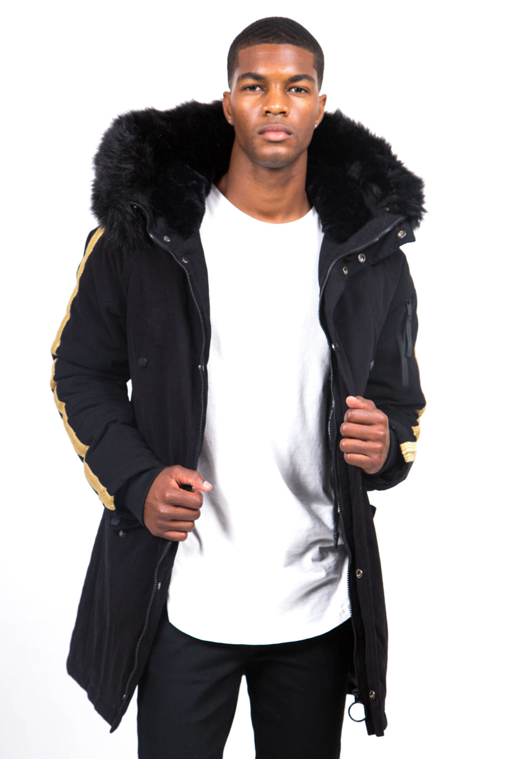 Sixth June - Parka bandes fourrure noir or