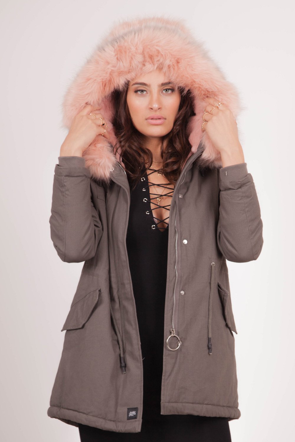 Parka doublure fourrure gris rose