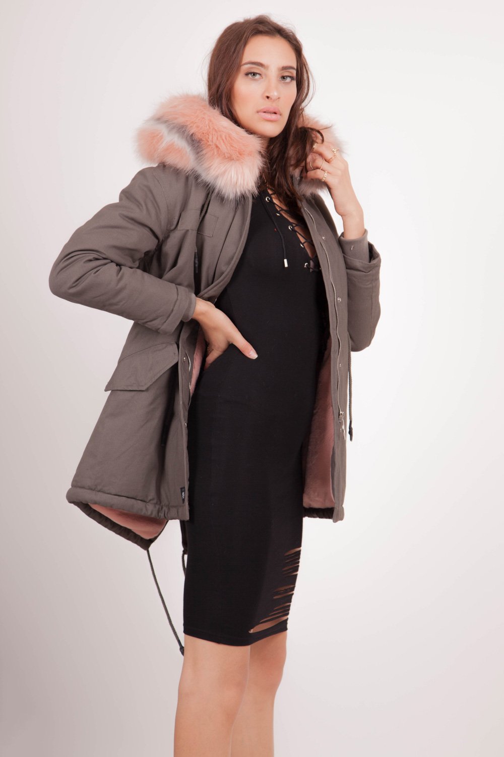 Parka doublure fourrure gris rose