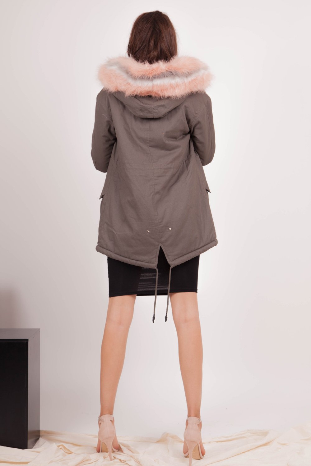 Parka doublure fourrure gris rose