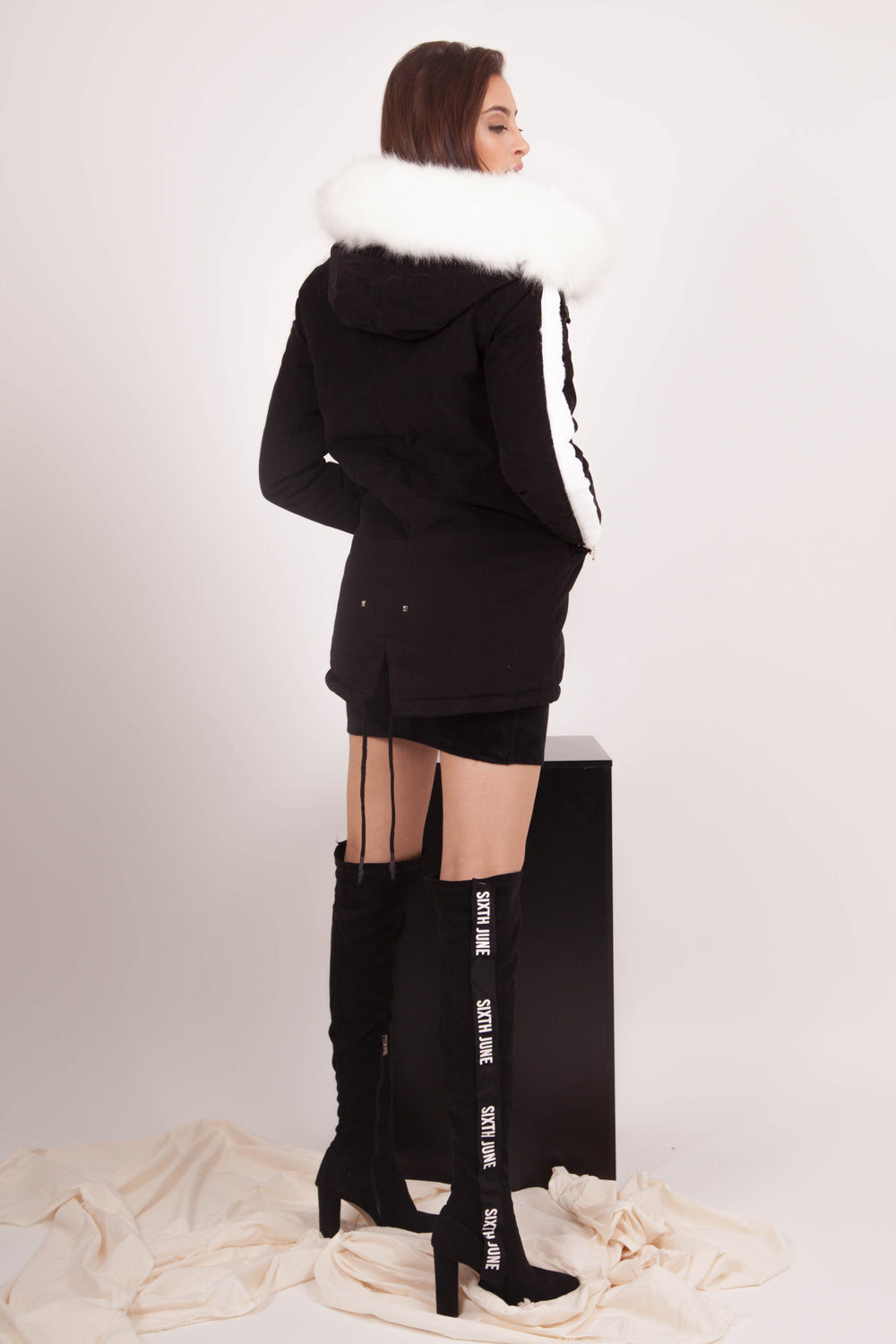 Sixth June - Parka bande fourrure Sixth June noir blanc