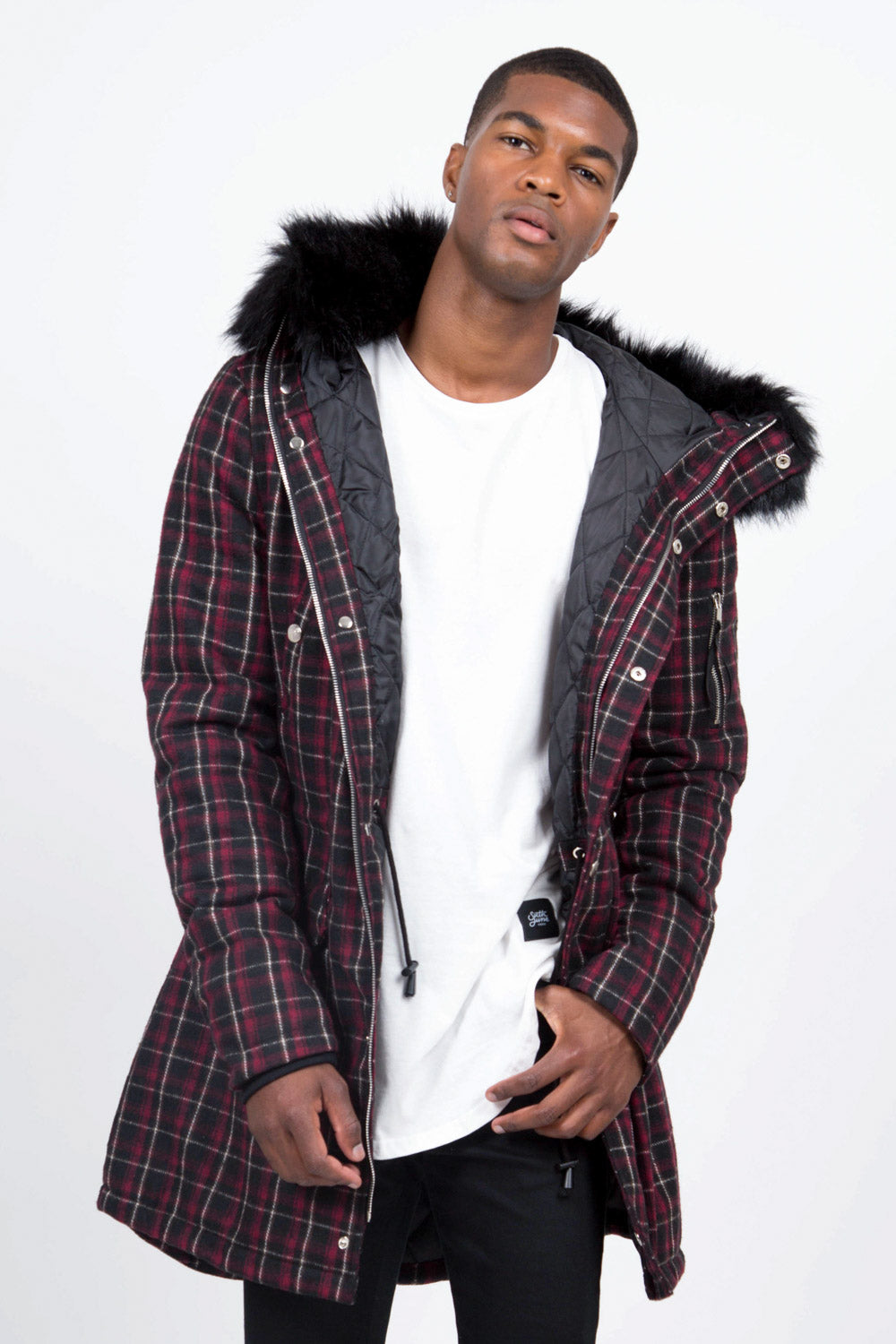 Sixth June - Parka tartan fourrure rouge noir