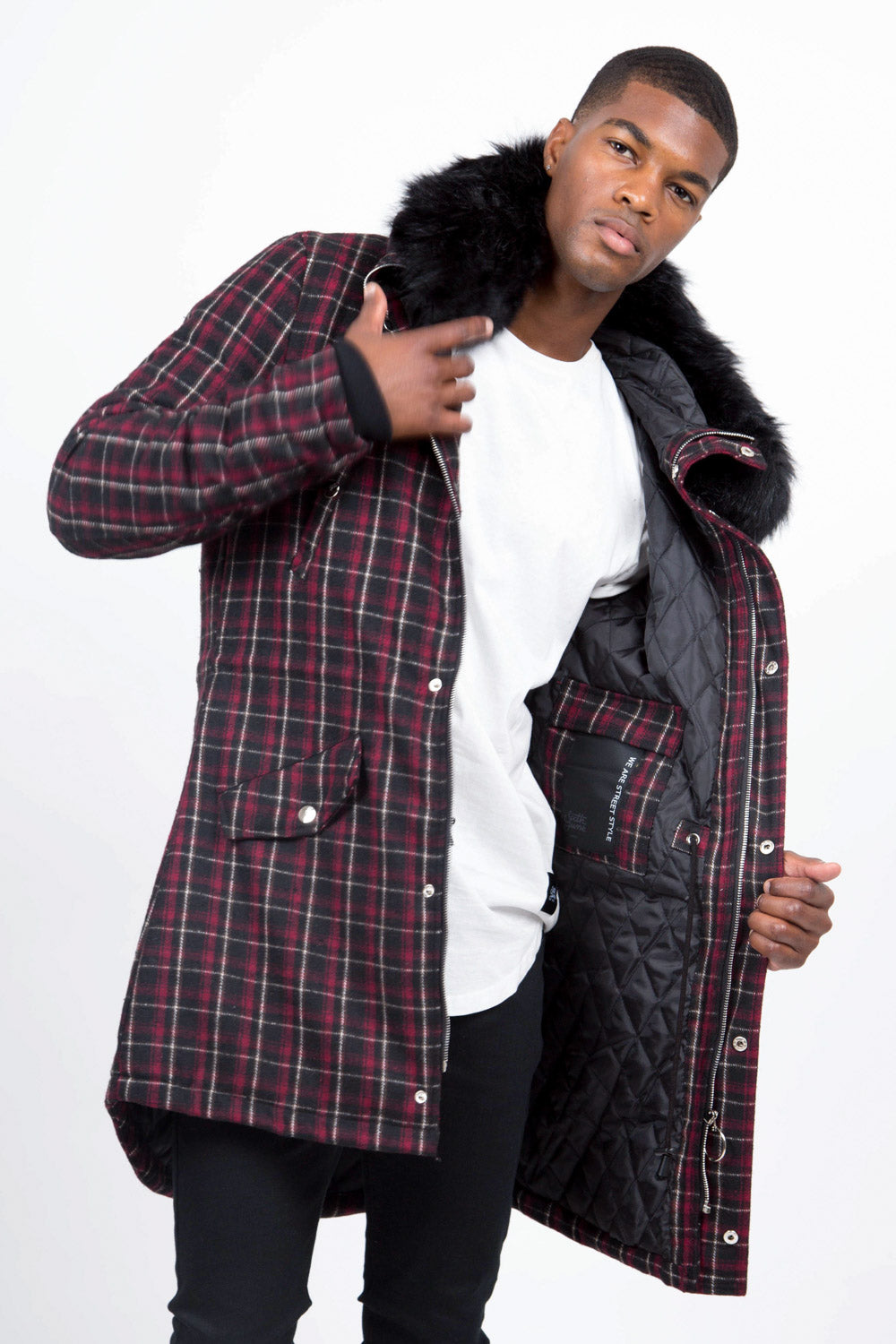 Sixth June - Parka tartan fourrure rouge noir