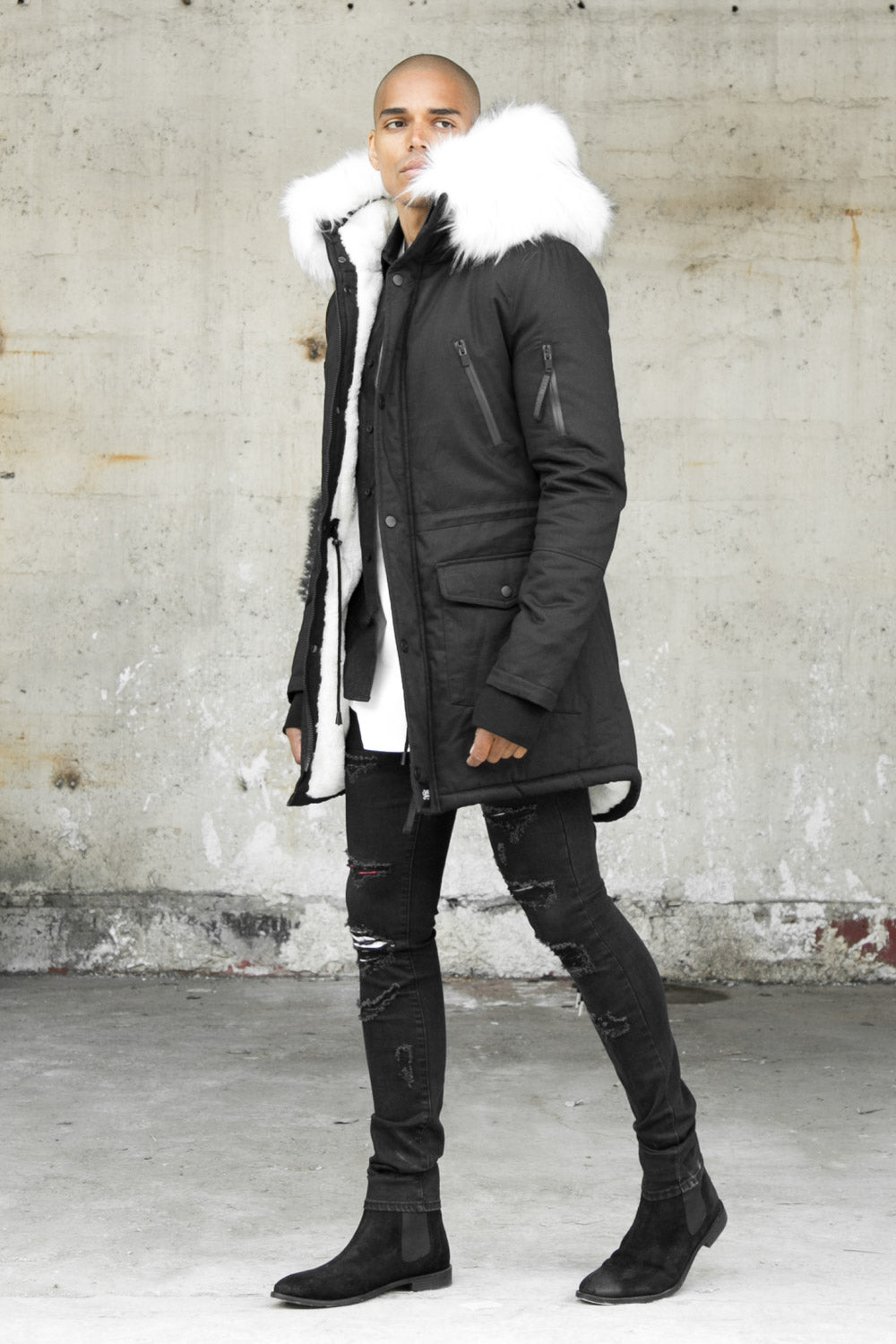 Sixth June - Parka capuche large fourrure noir blanc