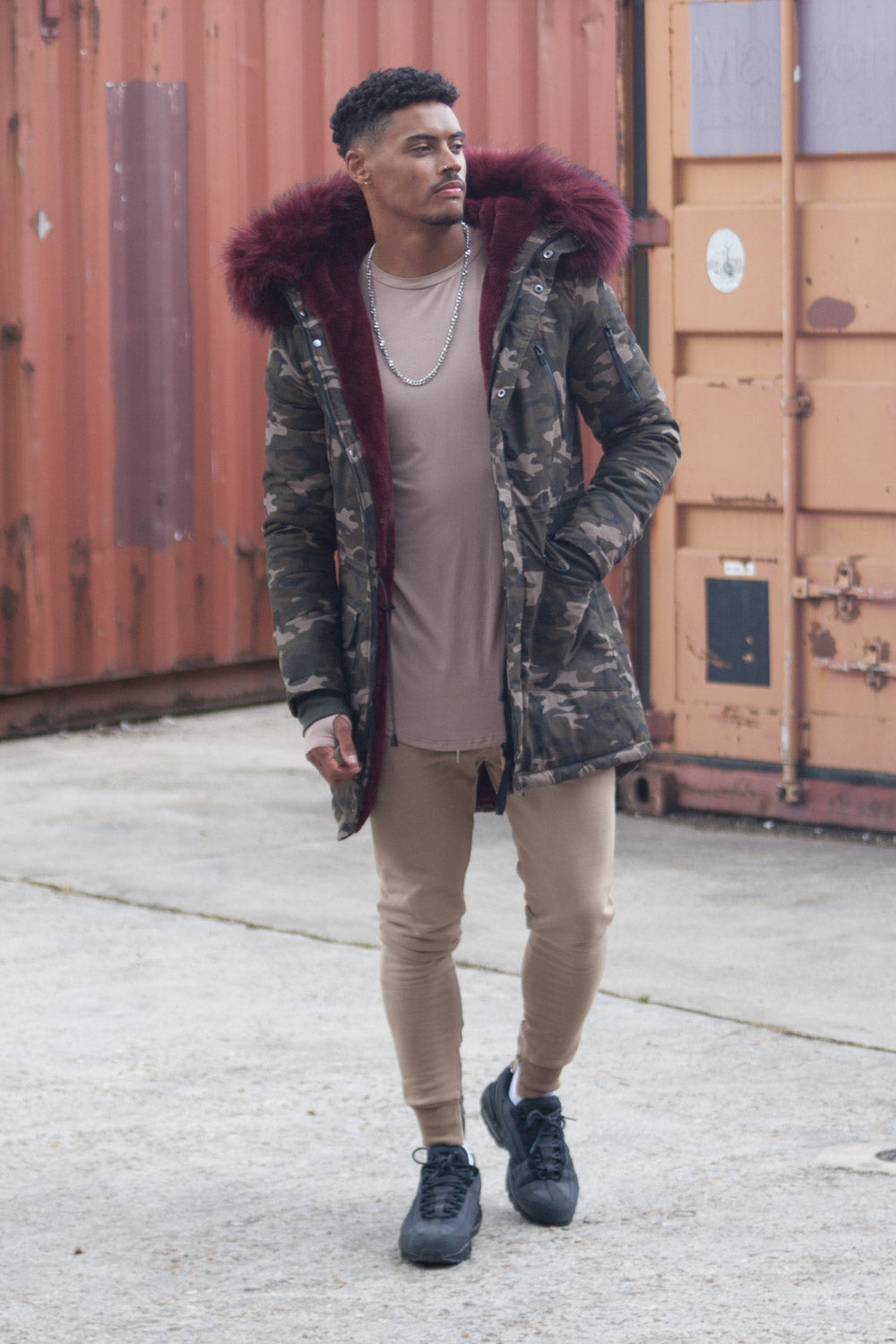 Sixth June - Parka capuche large fourrure camouflage bordeaux