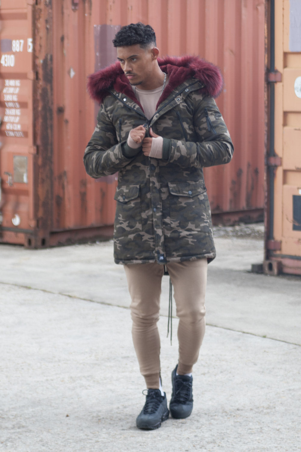 Sixth June - Parka capuche large fourrure camouflage bordeaux