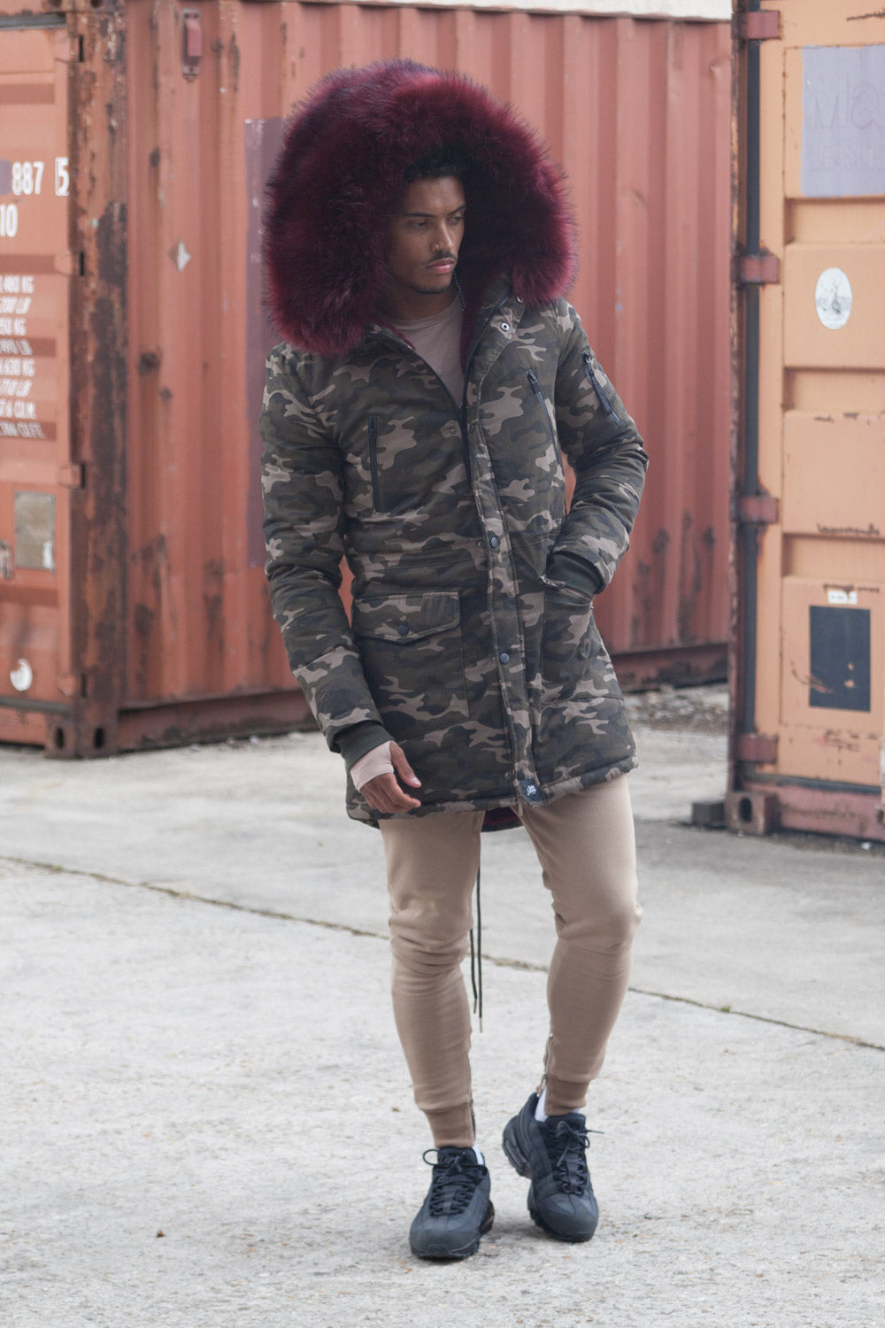 Sixth June - Parka capuche large fourrure camouflage bordeaux
