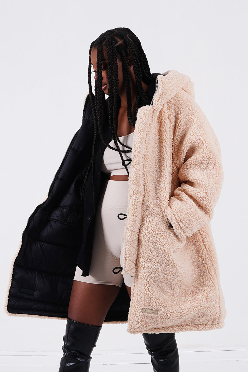 Sixth June - Doudoune longue réversible sherpa Beige