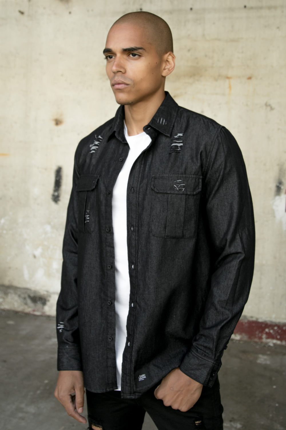 Sixth June - Chemise déchiré poches noir satiné