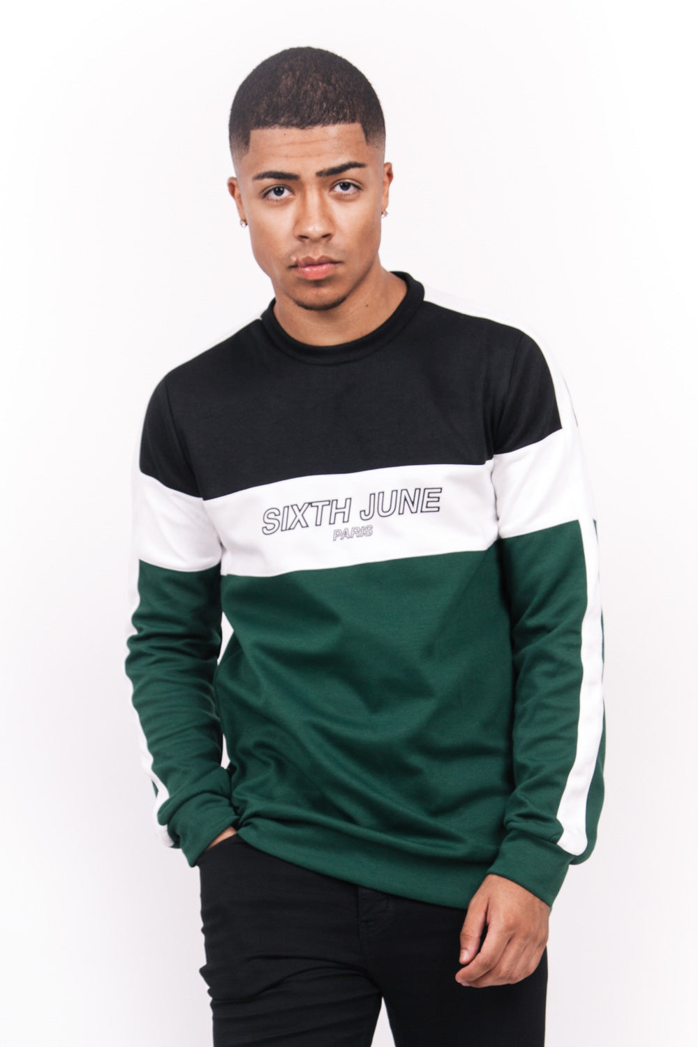 Sixth June - Sweat tricolore logo vert noir blanc