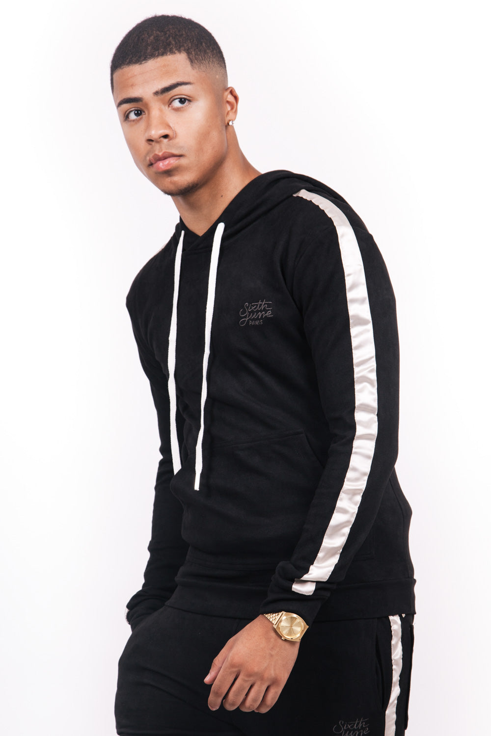 Sixth June - Sweat capuche suédine bandes noir