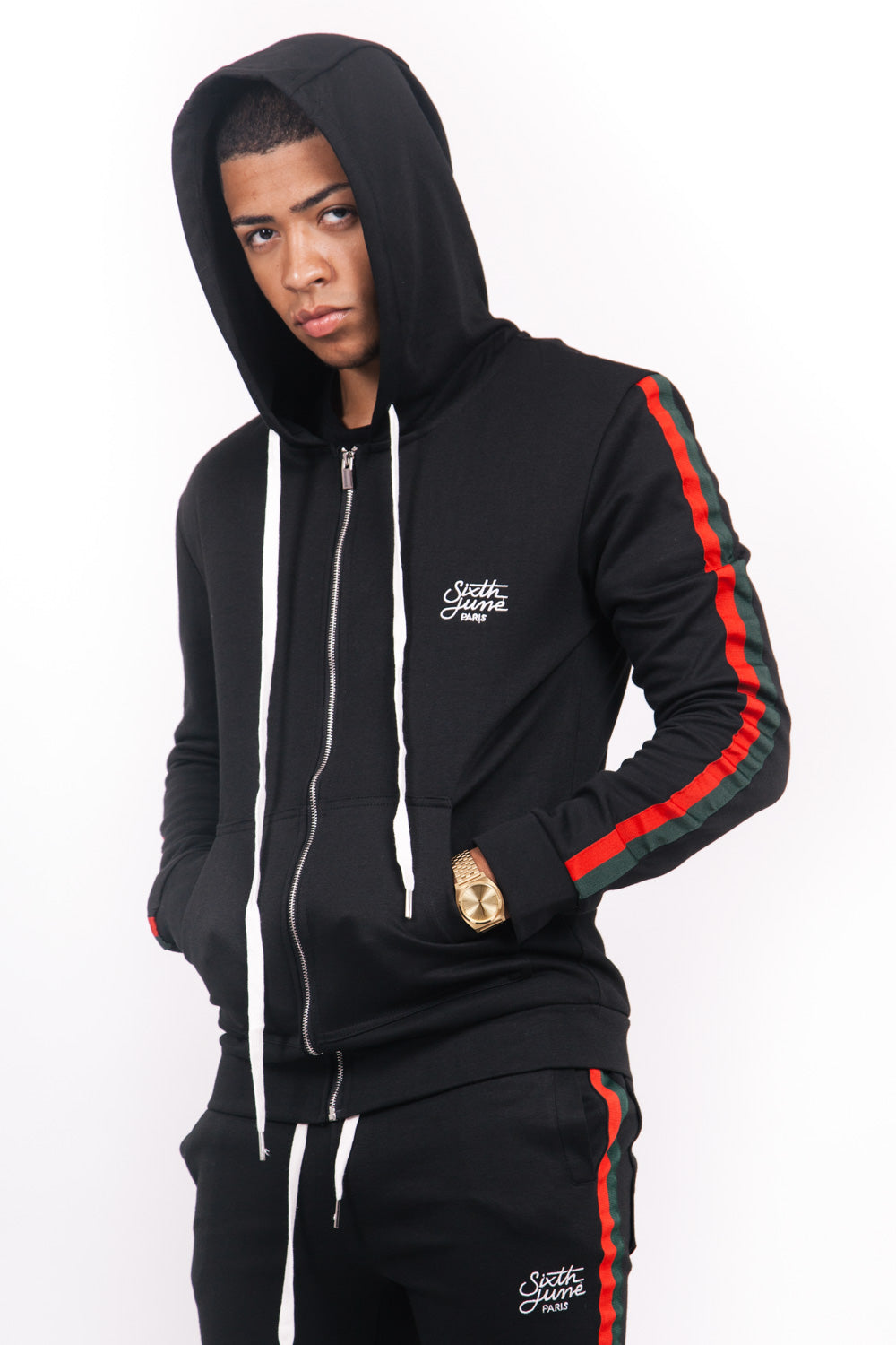 Sixth June - Sweat capuche bandes bicolores noir rouge vert