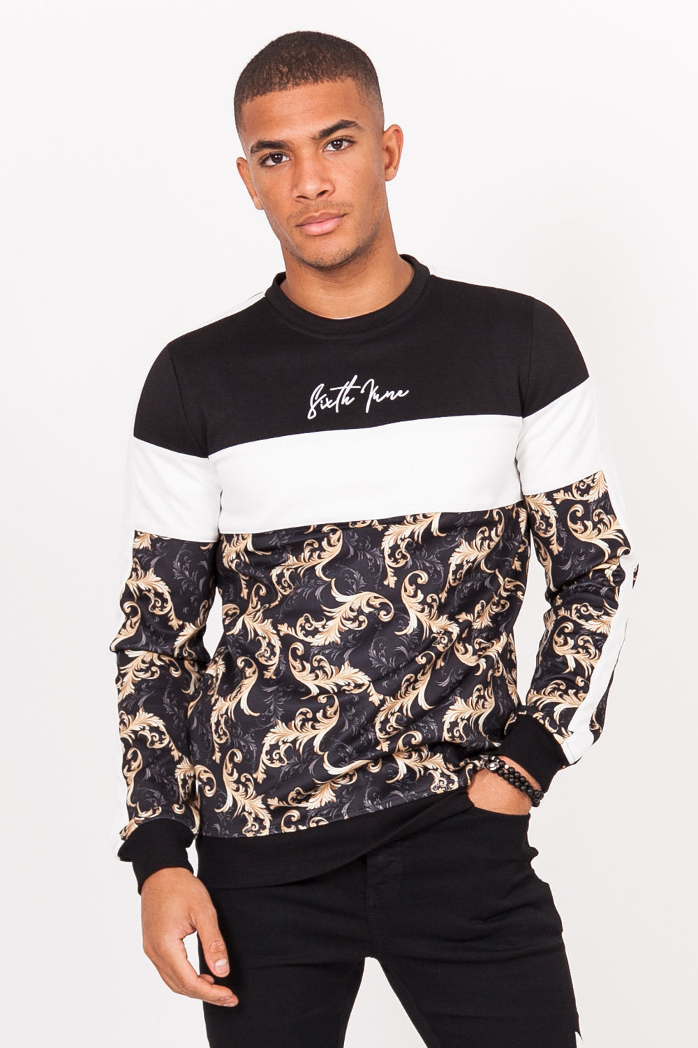 Sixth June - Sweat tricolore baroque noir blanc or