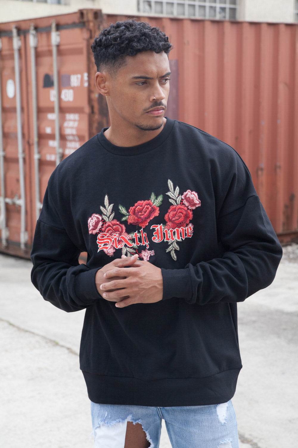 Sixth June - Sweatshirt brodé roses noir