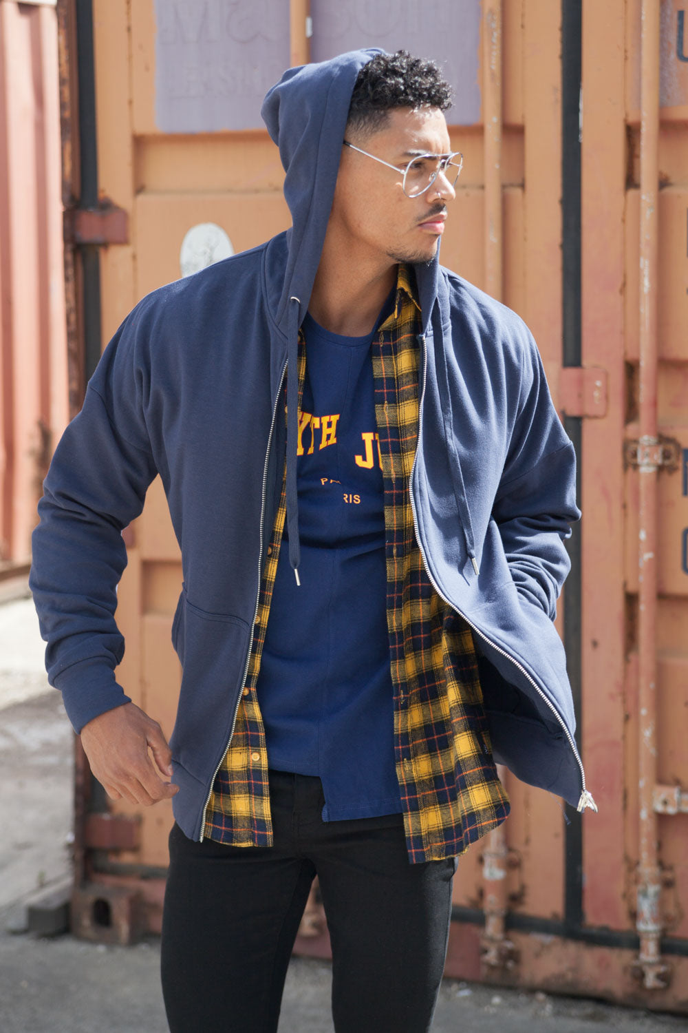 Sixth June - Sweat capuche zip épaules tombantes bleu foncé