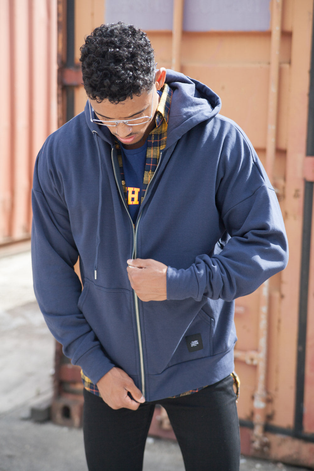 Sixth June - Sweat capuche zip épaules tombantes bleu foncé