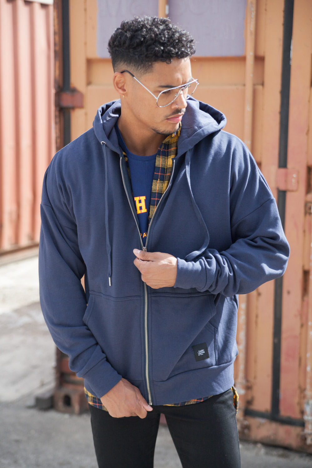 Sixth June - Sweat capuche zip épaules tombantes bleu foncé