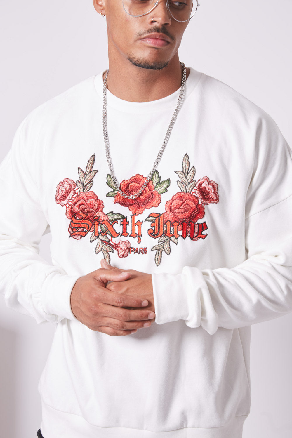 Sixth June - Sweatshirt brodé roses blanc