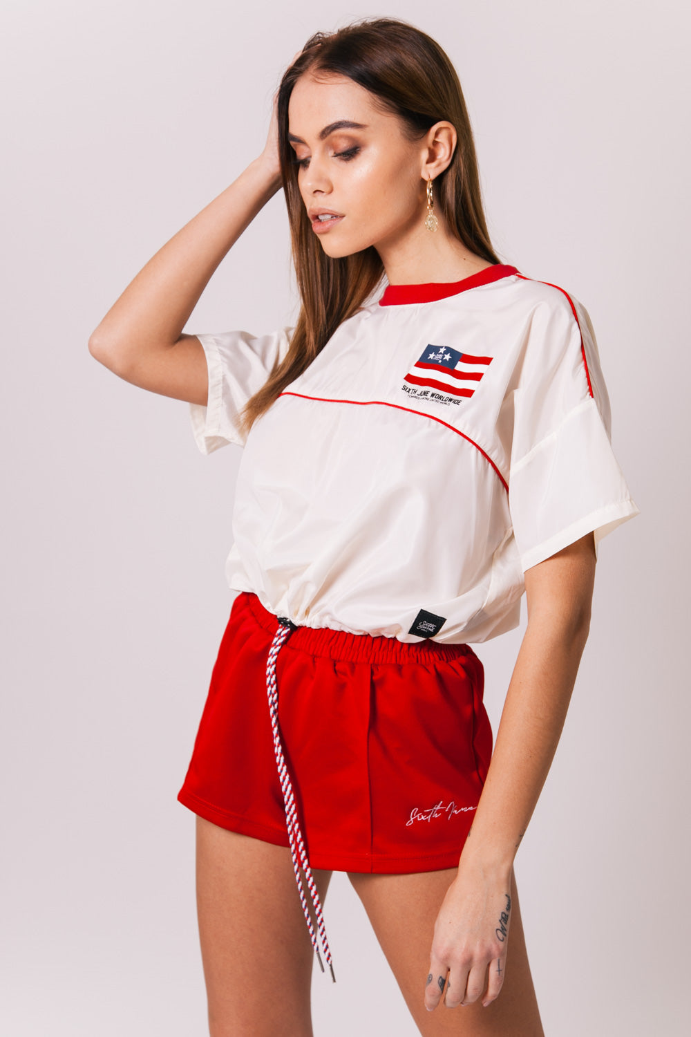 Sixth June - T-shirt crop top drapeau blanc rouge