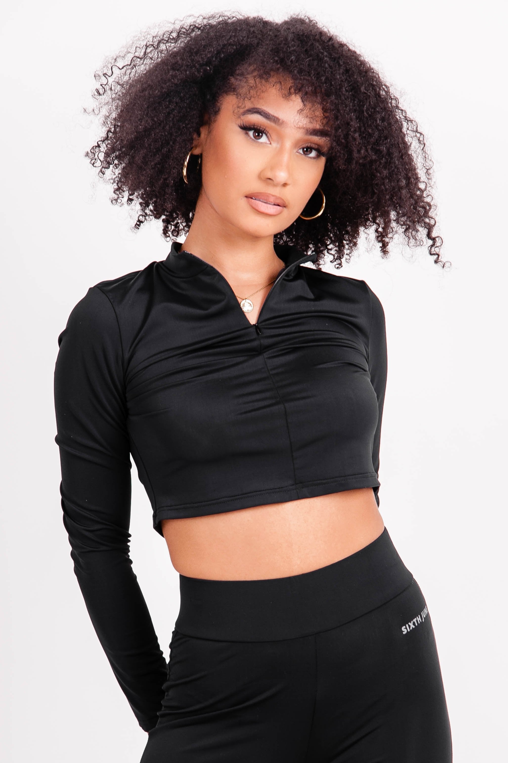 Silky zip crop top black