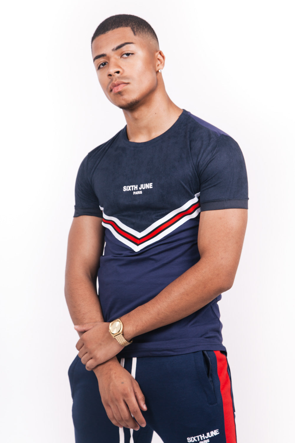 Sixth June - T-shirt bi-matière bande V bleu