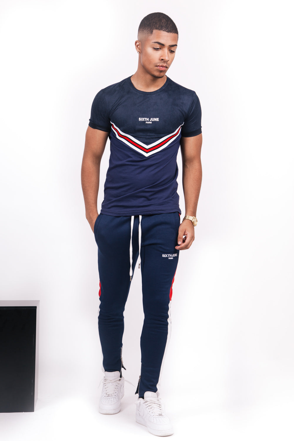 Sixth June - T-shirt bi-matière bande V bleu