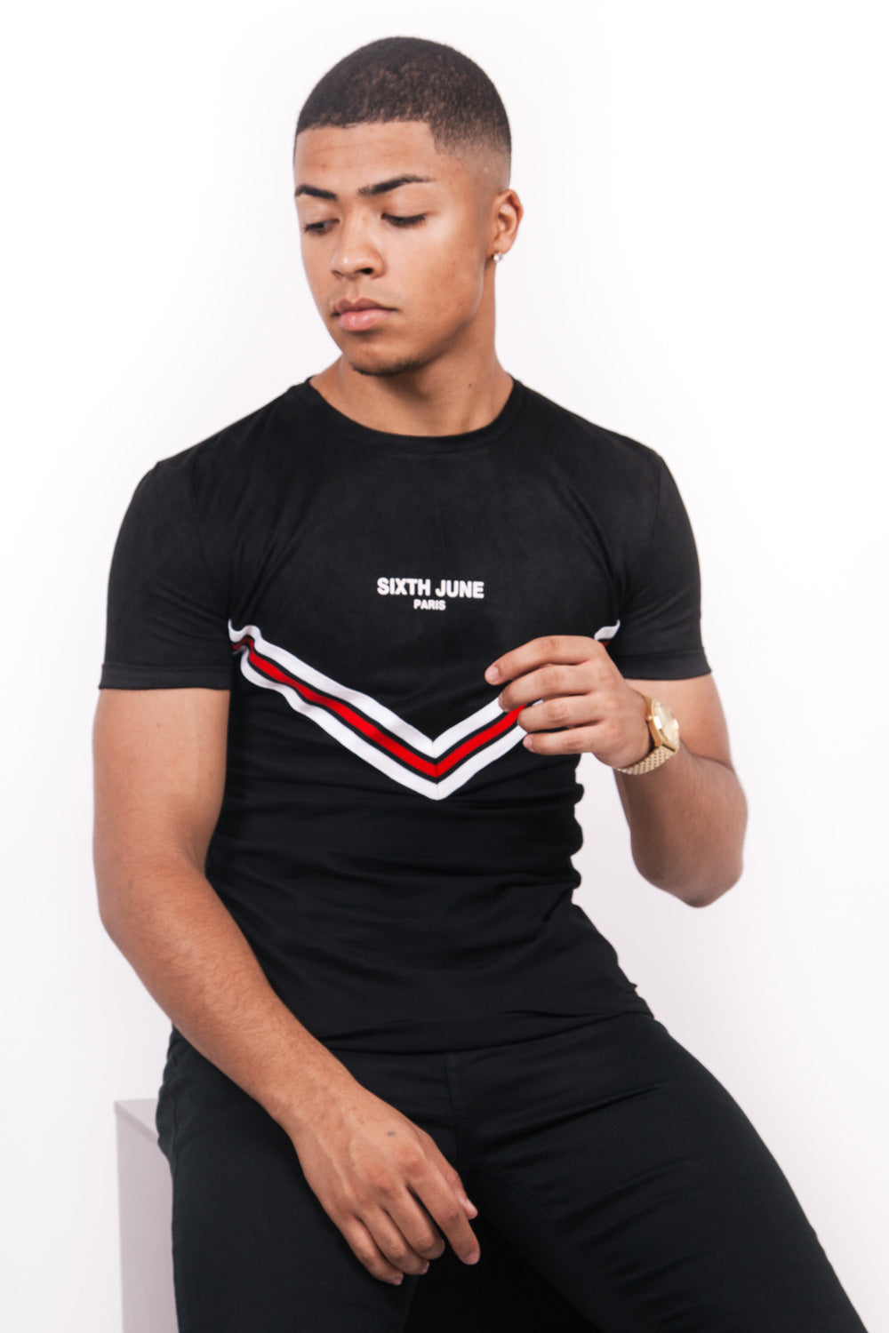 Sixth June - T-shirt bi-matière bande V noir