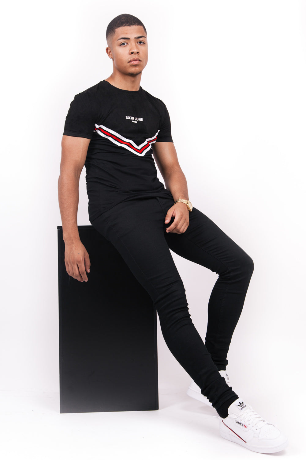 Sixth June - T-shirt bi-matière bande V noir