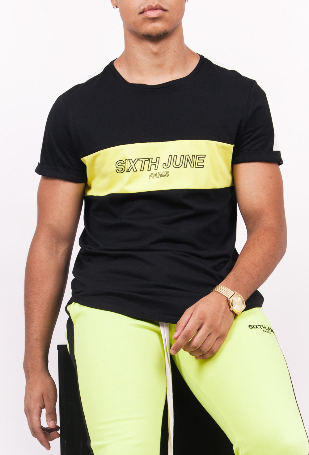 Sixth June - T-shirt tricolore texte noir jaune