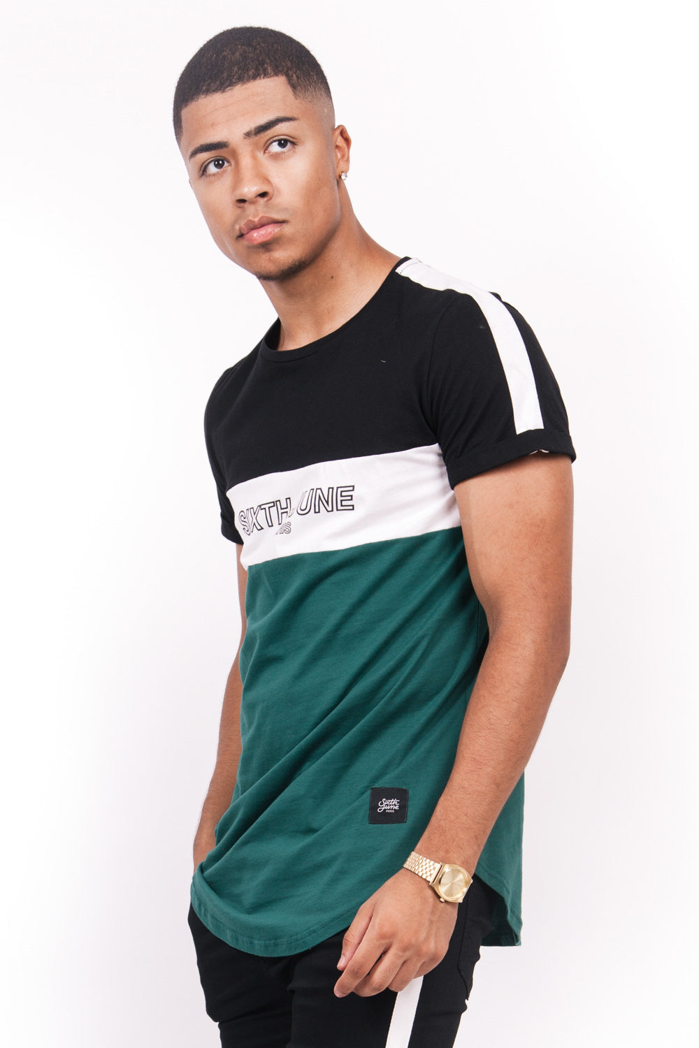 Sixth June - T-shirt tricolore texte noir vert blanc