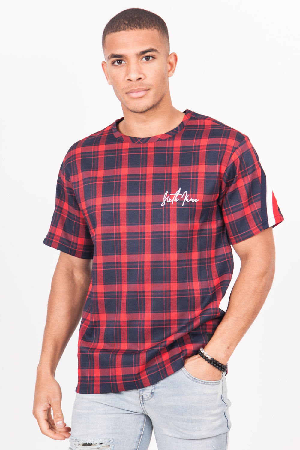 Sixth June - T-shirt tartan logo signature rouge bleu