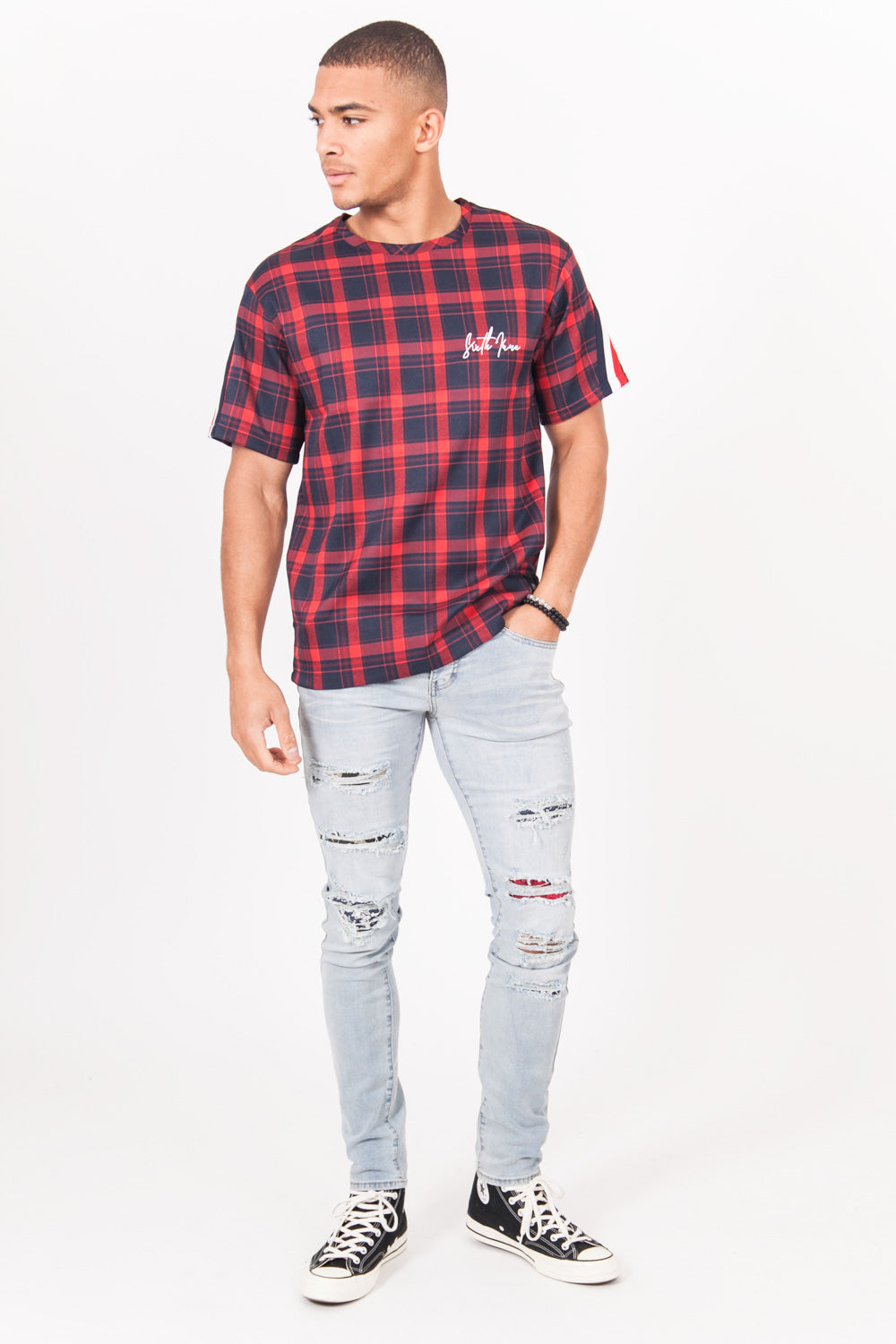 Sixth June - T-shirt tartan logo signature rouge bleu