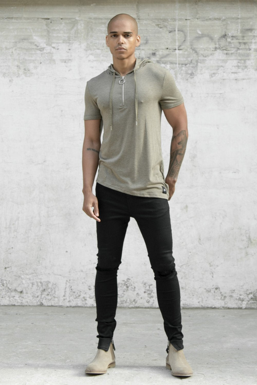 Hooded Asymmetric T-Shirt Khaki