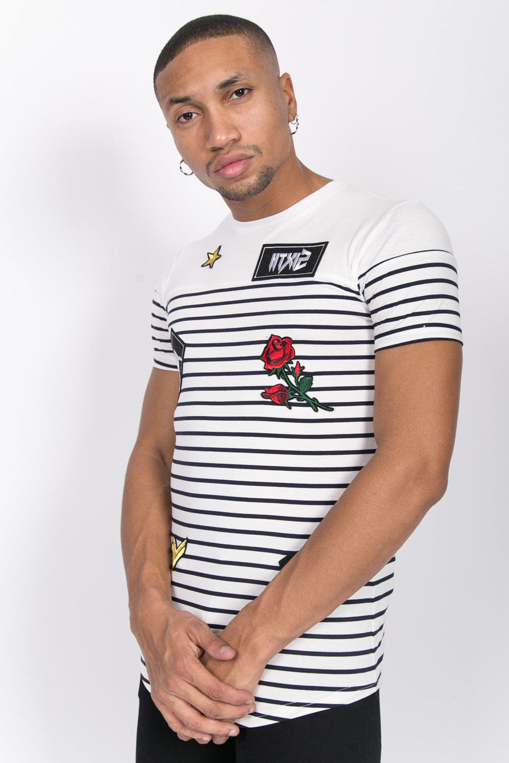 Sixth June - T-shirt marinière patchs rock blanc bleu