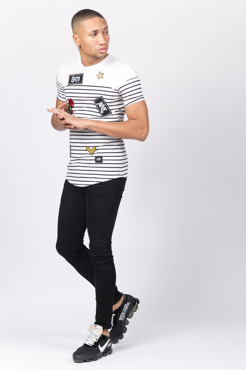 Sixth June - T-shirt marinière patchs rock blanc bleu